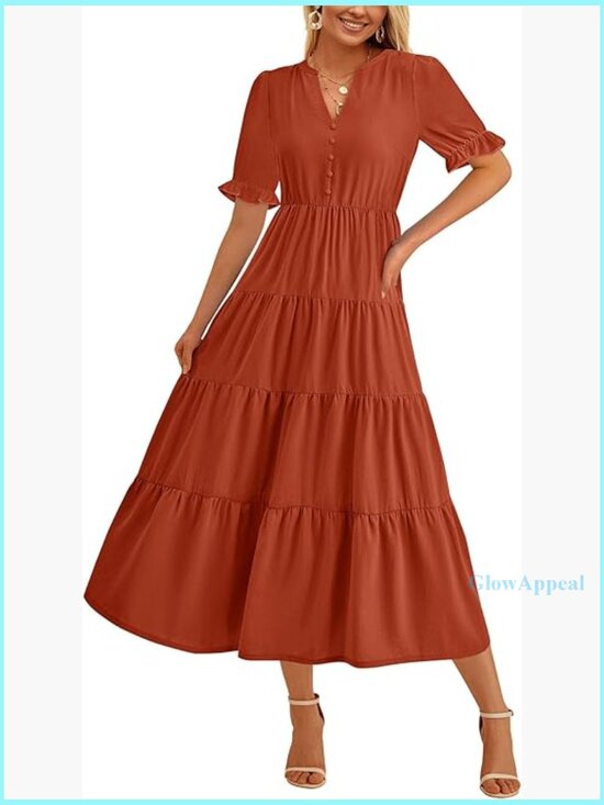 Dresses & Skirts - Summer Casual V-Neck Midi Dress A-Line Tiered Wedding Guest
